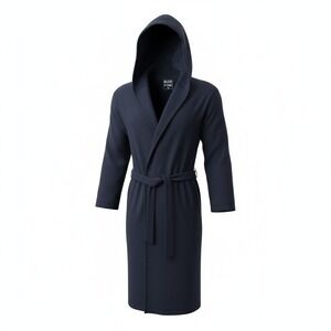 DudeRobe Men Robe L/XL Navy Blue Cotton Jersey Towel Hooded Lined Lounge Spa